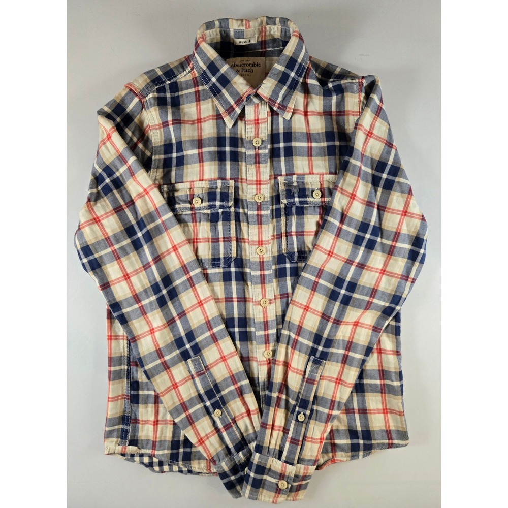 Abercrombie & Fitch Mens Muscle Fit Plaid Button Down Shirt Navy Red Cream M